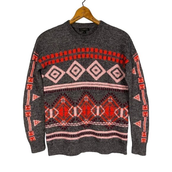 J.Crew Fair Isle Knit Sweater XS Grey Red Pink Geometric Wool Blend Nordic - Picture 7 of 8